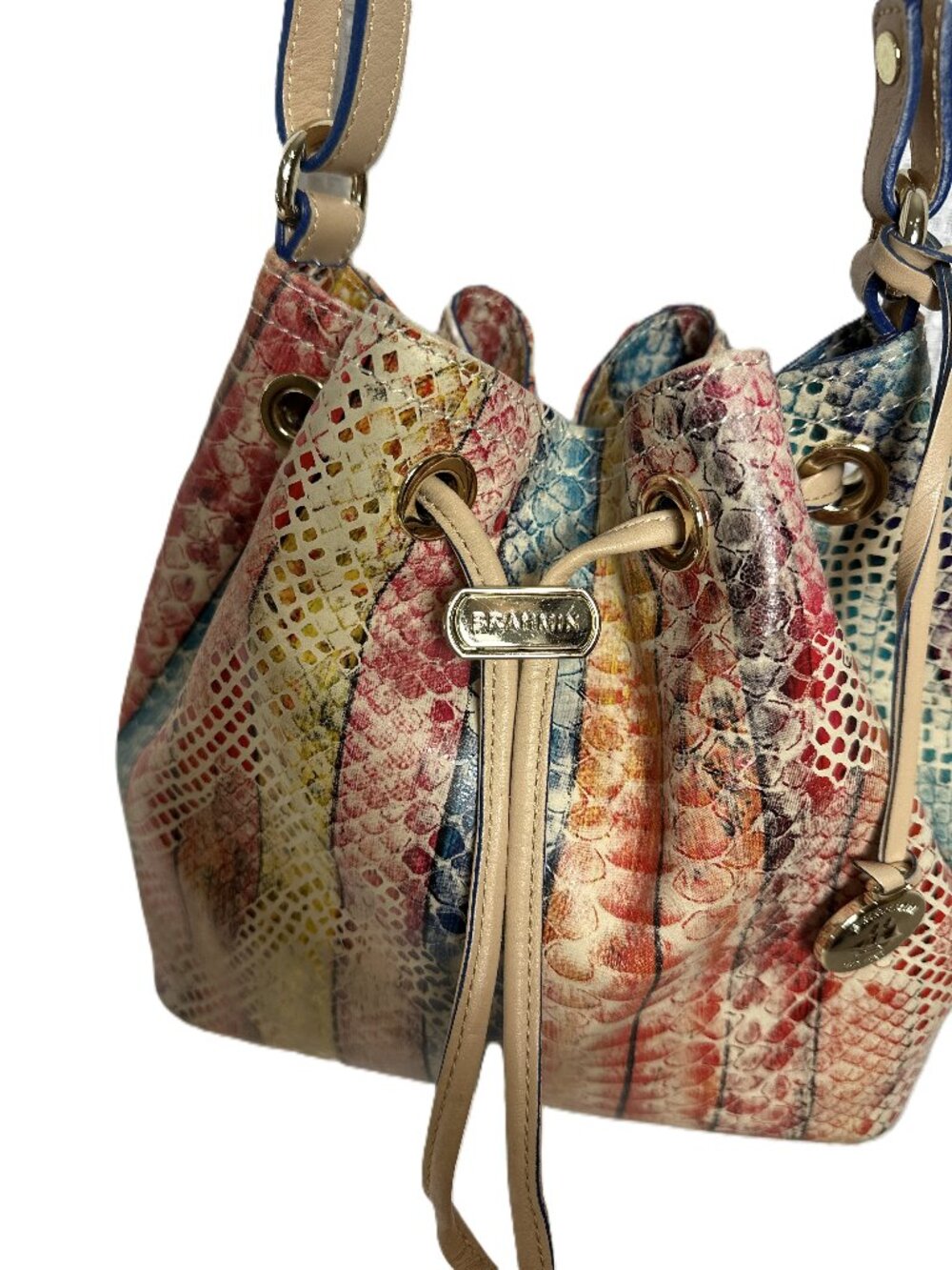 Brahmin Bucket Bag Shoulder Crossbody Multi Color Snake Print Leather Striped